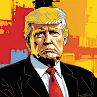 Pop art illustration of Donald Trump in a suit with a red tie against a colorful cityscape