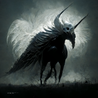 A dark unicorn with a skull head and large white wings against a dark background.