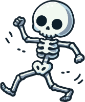Cartoon skeleton dancing with raised arms and legs in motion