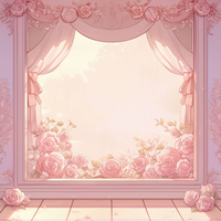 A digitally illustrated window with pink roses at the bottom and soft pink curtains.