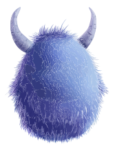 A blue, fuzzy creature with two horns against a black background