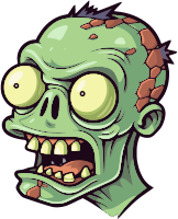A green cartoon zombie with large eyes and sharp teeth
