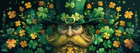 Illustration of a leprechaun with a green hat and beard surrounded by shamrocks and flowers