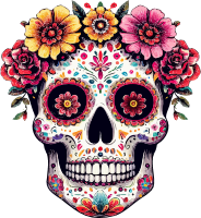 A decorated sugar skull with flowers on its head
