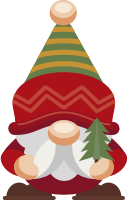 Illustration of a Christmas gnome with a striped hat holding a small tree