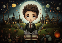 A cartoon boy in a suit holding books with a castle in the background under a full moon.