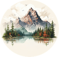 Illustration of a calm lake with mountains and trees