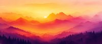 A watercolor-style image of a mountain range at sunset with orange and purple hues.
