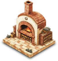3D illustration of a brick pizza oven with a lit fire inside and plants nearby