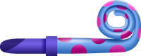 A stylus pen with a purple tip and a blue body adorned with pink polka dots, curled at the end.