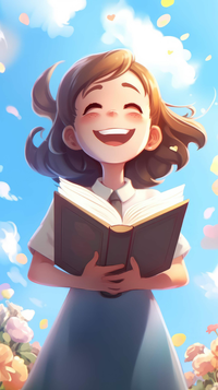 A cartoon girl with brown hair and a blue dress reading a book with a happy expression