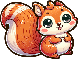 A cute cartoon squirrel with orange and white fur and large expressive eyes