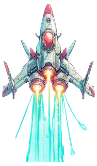 Futuristic spaceship with glowing blue engines and red accents