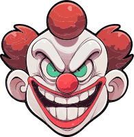 Creepy clown face with red nose and green eyes