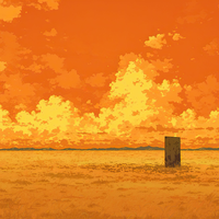 A lone post stands in a vast desert under a vibrant orange sky with clouds.