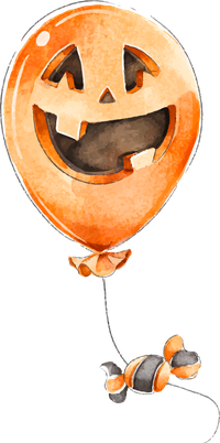 An orange balloon shaped like a smiling jack-o'-lantern with a tied knot and dangling strings.