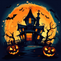 A haunted house with glowing windows and jack-o-lanterns at the entrance under a full moon.