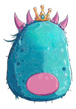 A blue cartoon monster with a crown and pink horns.