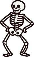A white skeleton with a confident stance against a black background.
