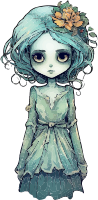 A cartoon girl with blue hair and a flower