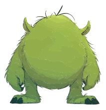 A green cartoon monster with horns