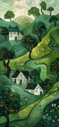 Illustration of a picturesque countryside with white houses and trees on rolling hills