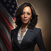 Illustration of Kamala Harris in a suit with the American flag behind her