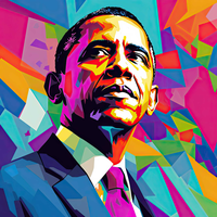 A stylized image of a man in a suit against a vibrant, multicolored background.
