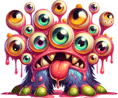 A colorful, whimsical monster with numerous eyes and a distorted face.