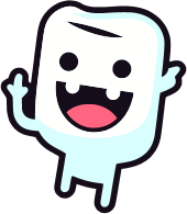 Cartoon tooth character with a smile and raised hand