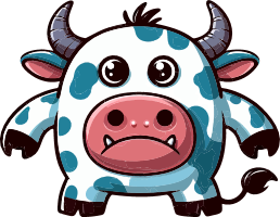A white cow with blue spots and a menacing face
