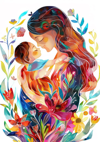 Colorful digital artwork depicting a mother holding her child amidst flowers