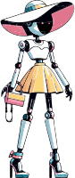 A robot character in a fashionable dress and accessories.