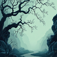 A digital illustration of a serene landscape with a large tree and misty mountains in the background.