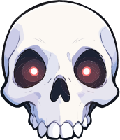 A white skull with glowing red eyes on a black background