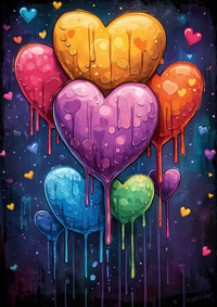 Colorful hearts in various sizes and colors, with a dripping effect against a dark background.