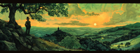 A person standing on a hill under a large tree, looking out over a peaceful landscape as the sun sets in the distance.