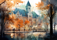 Watercolor painting of a large building with a tower, surrounded by trees with orange leaves and people walking.