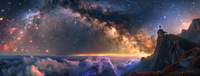 A panoramic view of a mountain peak under a starry galaxy sky at dusk.
