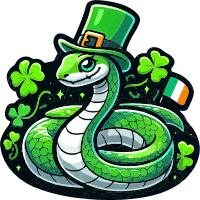 Cartoon snake in top hat with shamrocks and Irish flag