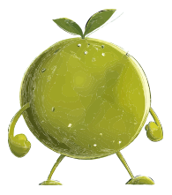 A green apple character with leaves on its head and a smiling face.