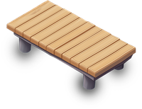 A 3D illustration of a wooden bench with gray legs against a black background.