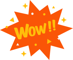Orange starburst with Wow!! in yellow text surrounded by stars and shapes