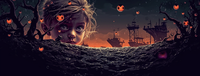 A girl's face is visible in a nest, surrounded by dark trees and a haunting orange sky with ships in the distance.