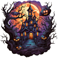 Haunted house with glowing jack-o'-lanterns and full moon