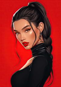 Illustration of a woman with dark hair and red lips against a red background