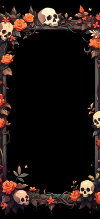 A black frame decorated with skulls and red flowers