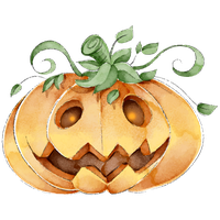 A cartoon-style jack o' lantern with a carved face and green stem.