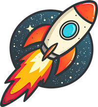 Cartoon rocket ship launching into a starry sky