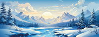 A digital illustration of a peaceful winter landscape with snow-covered mountains and a frozen river.